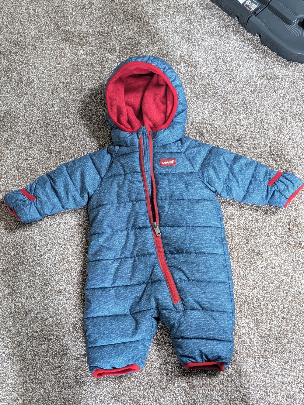 Levi's Baby Blue Puffer Snowsuit with Red Trim